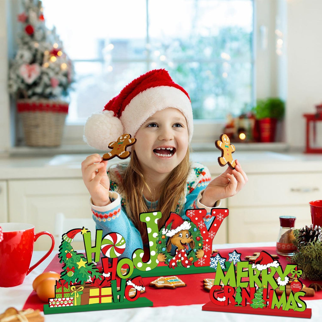 4Pcs Christmas Decorations Wooden Table Centerpiece Merry Christmas Joy Tiered Tray Decor Xmas Centerpiece for Winter Holidays Xmas Table Decorations