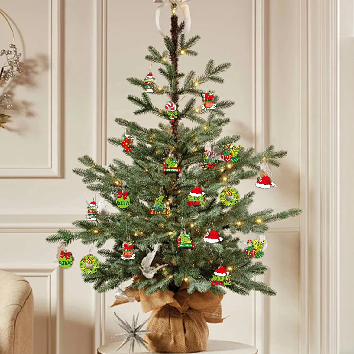 36Pcs Grinch Christmas Tree Decorations - Wood Christmas Tree Hanging Ornament Holiday Xmas Ornaments Christmas Decorations Decor Home Indoors (36Pcs)