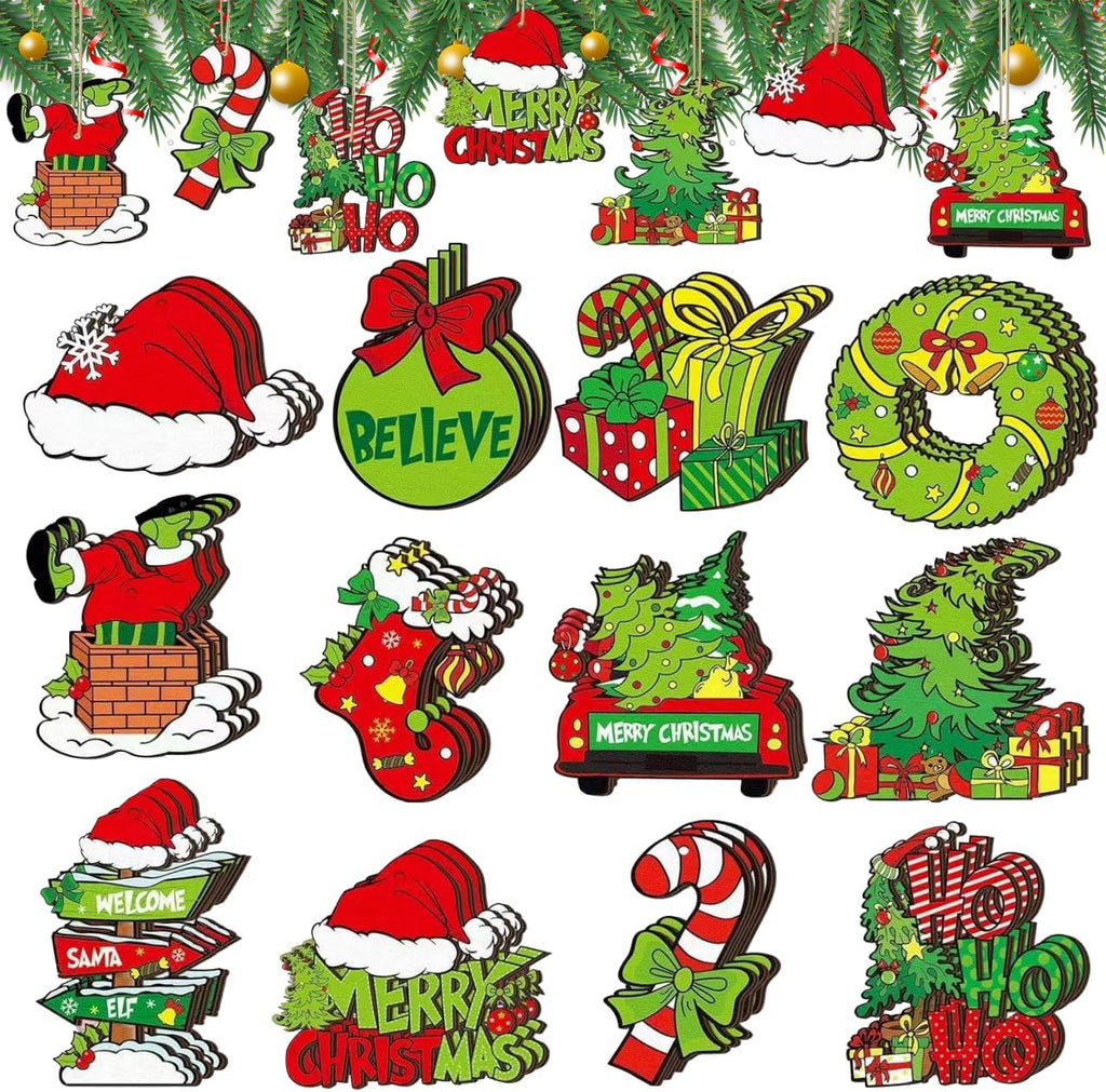 36Pcs Grinch Christmas Tree Decorations - Wood Christmas Tree Hanging Ornament Holiday Xmas Ornaments Christmas Decorations Decor Home Indoors (36Pcs)