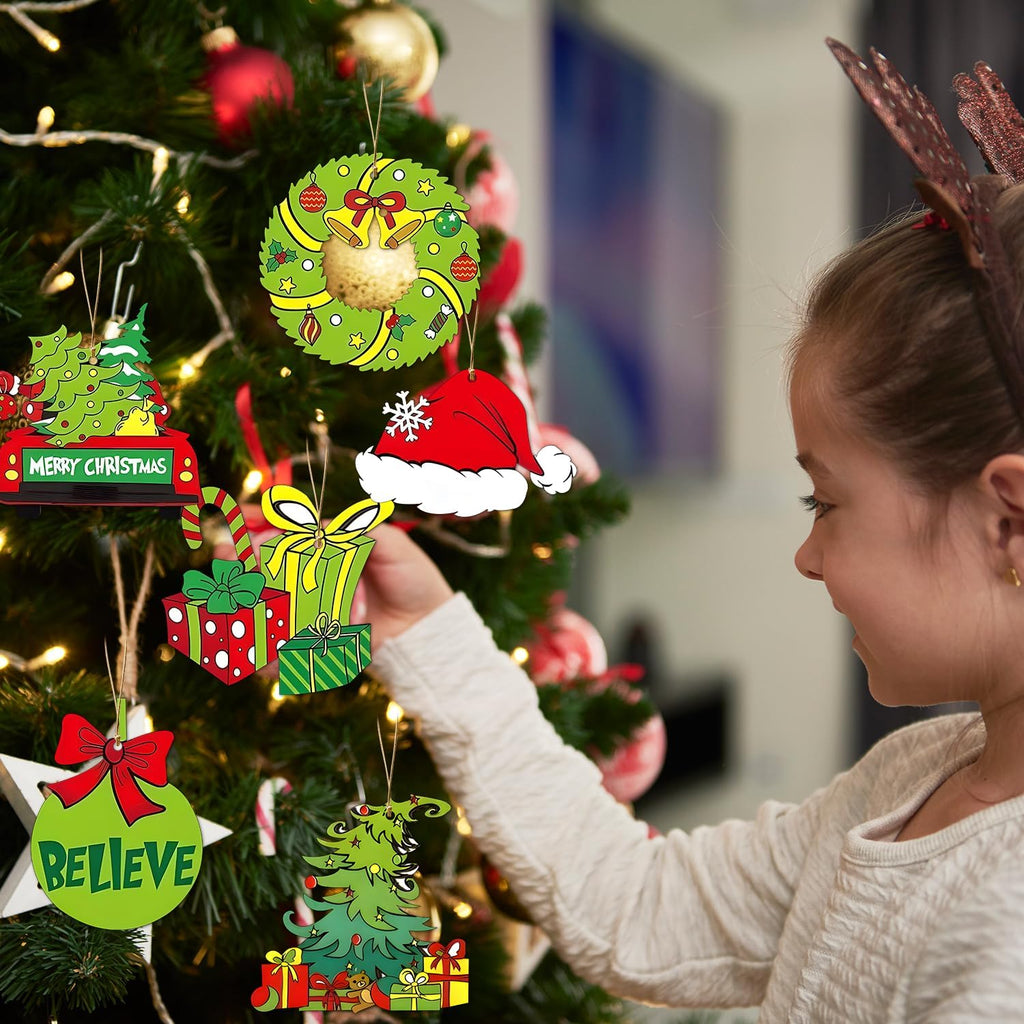 36Pcs Grinch Christmas Tree Decorations - Wood Christmas Tree Hanging Ornament Holiday Xmas Ornaments Christmas Decorations Decor Home Indoors (36Pcs)