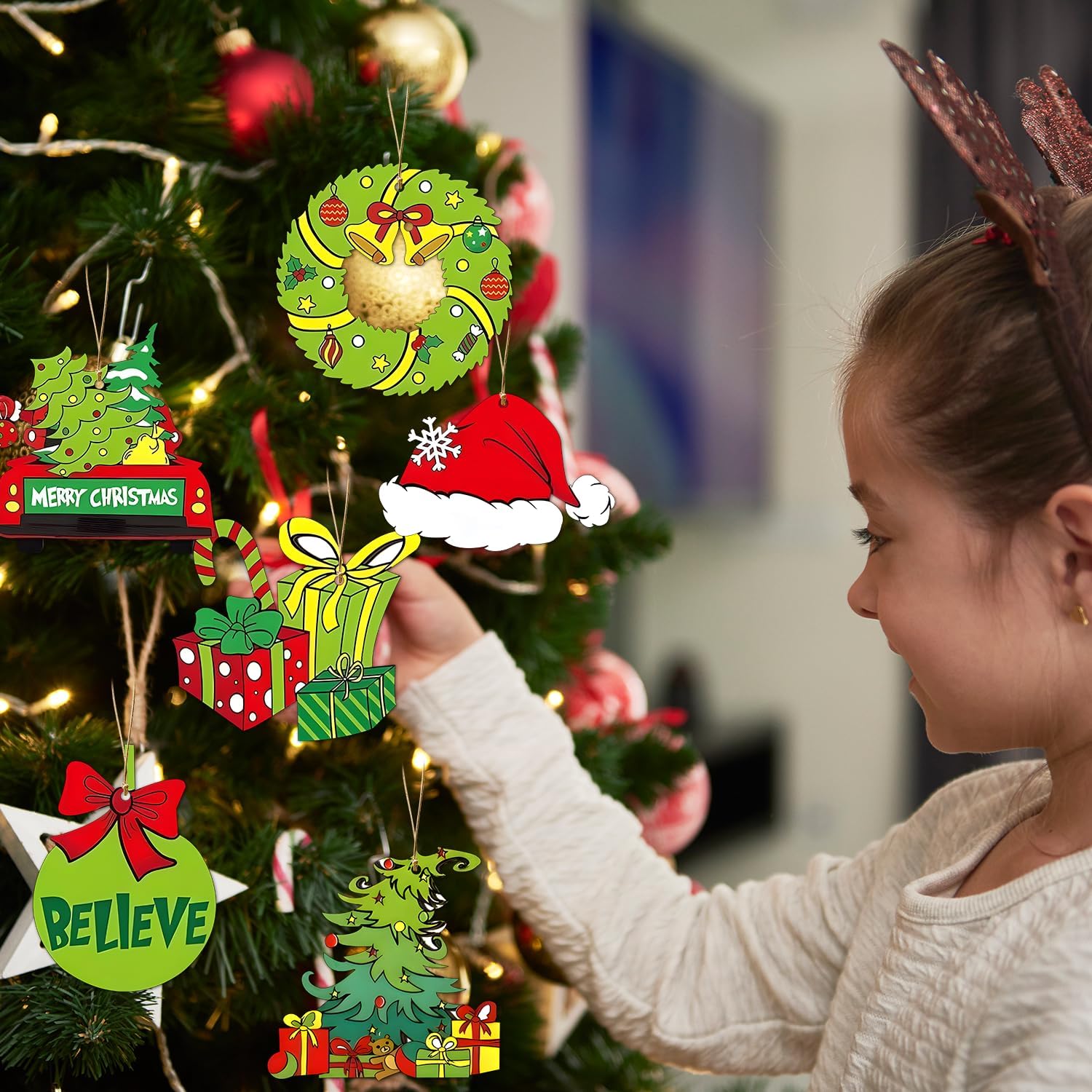 36Pcs Grinch Christmas Tree Decorations - Wood Christmas Tree Hanging Ornament Holiday Xmas Ornaments Christmas Decorations Decor Home Indoors (36Pcs)