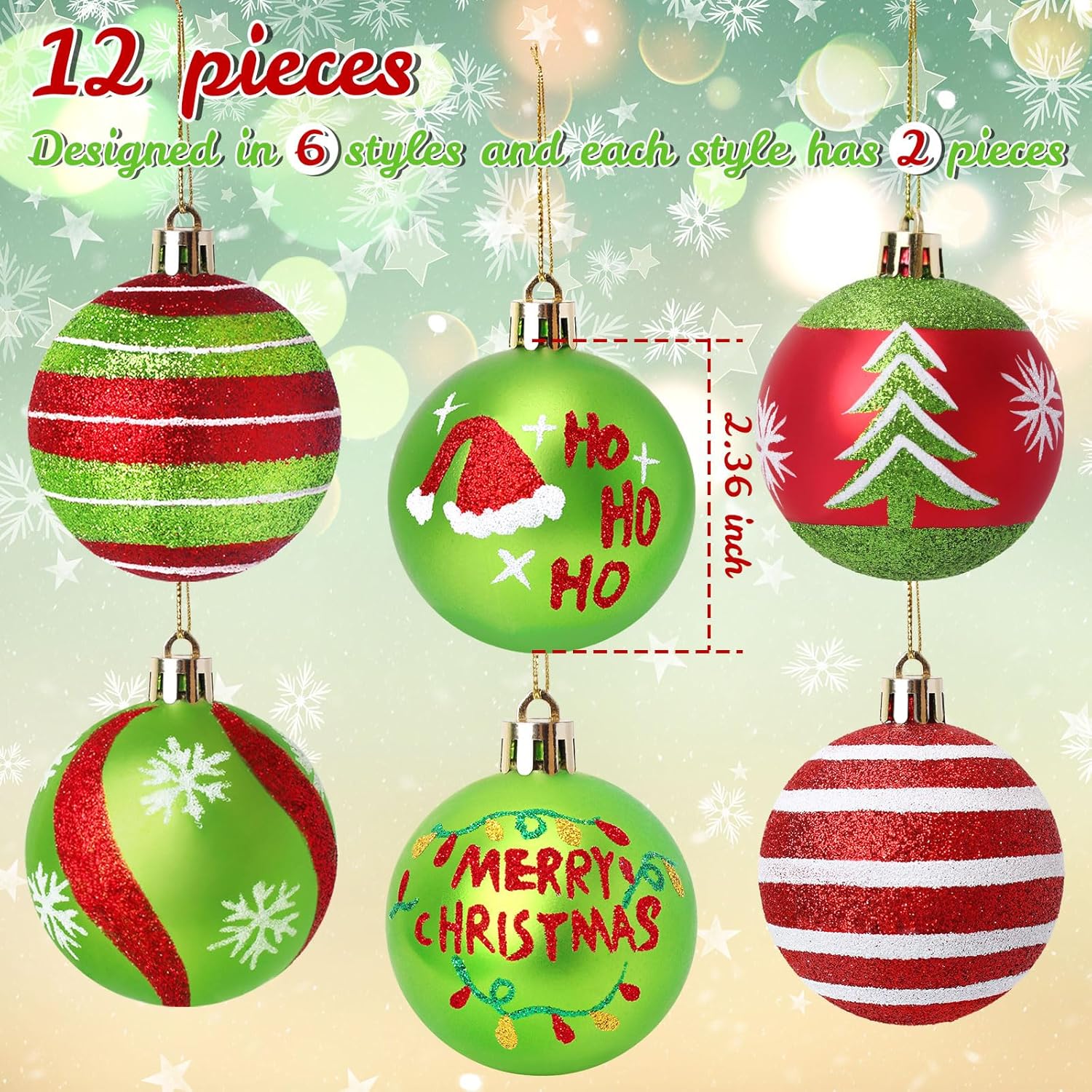 12 Pcs Christmas Tree Ornaments,2.4 Inch Christmas Ball Ornaments for Tree,Red and Green Glittering Hanging Bulbs for Holiday Xmas Decorations