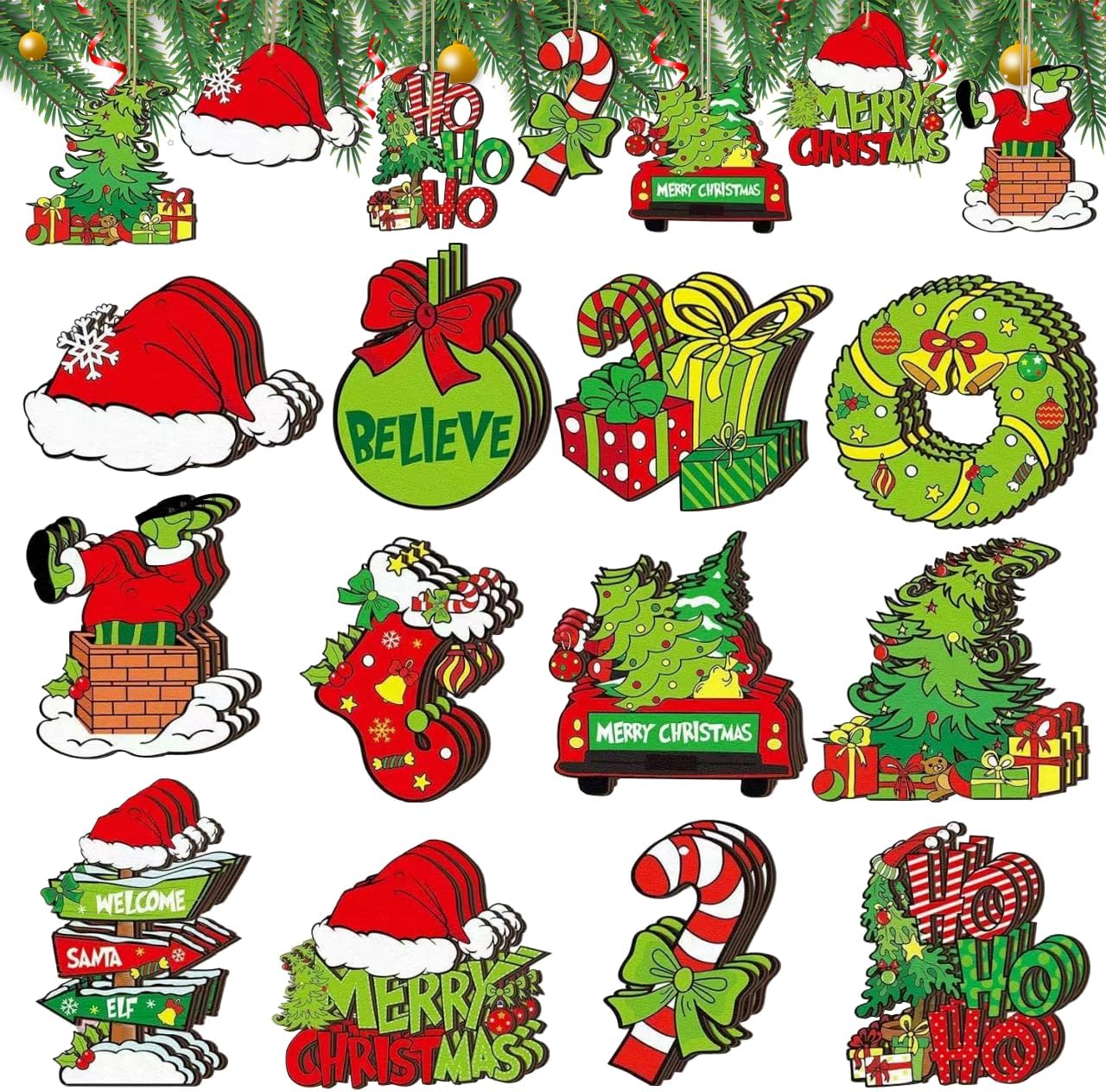 36Pcs Grinch Christmas Tree Decorations - Wood Christmas Tree Hanging Ornament Holiday Xmas Ornaments Christmas Decorations Decor Home Indoors (36Pcs)