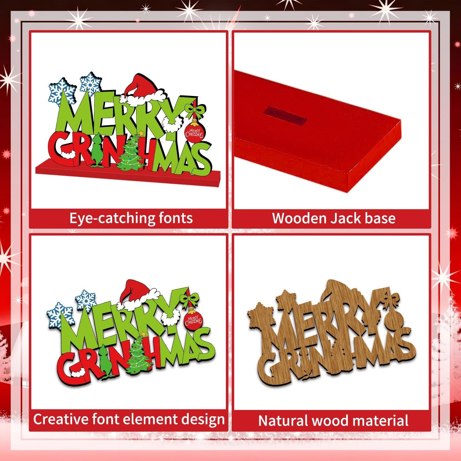 4Pcs Christmas Decorations Wooden Table Centerpiece Merry Christmas Joy Tiered Tray Decor Xmas Centerpiece for Winter Holidays Xmas Table Decorations