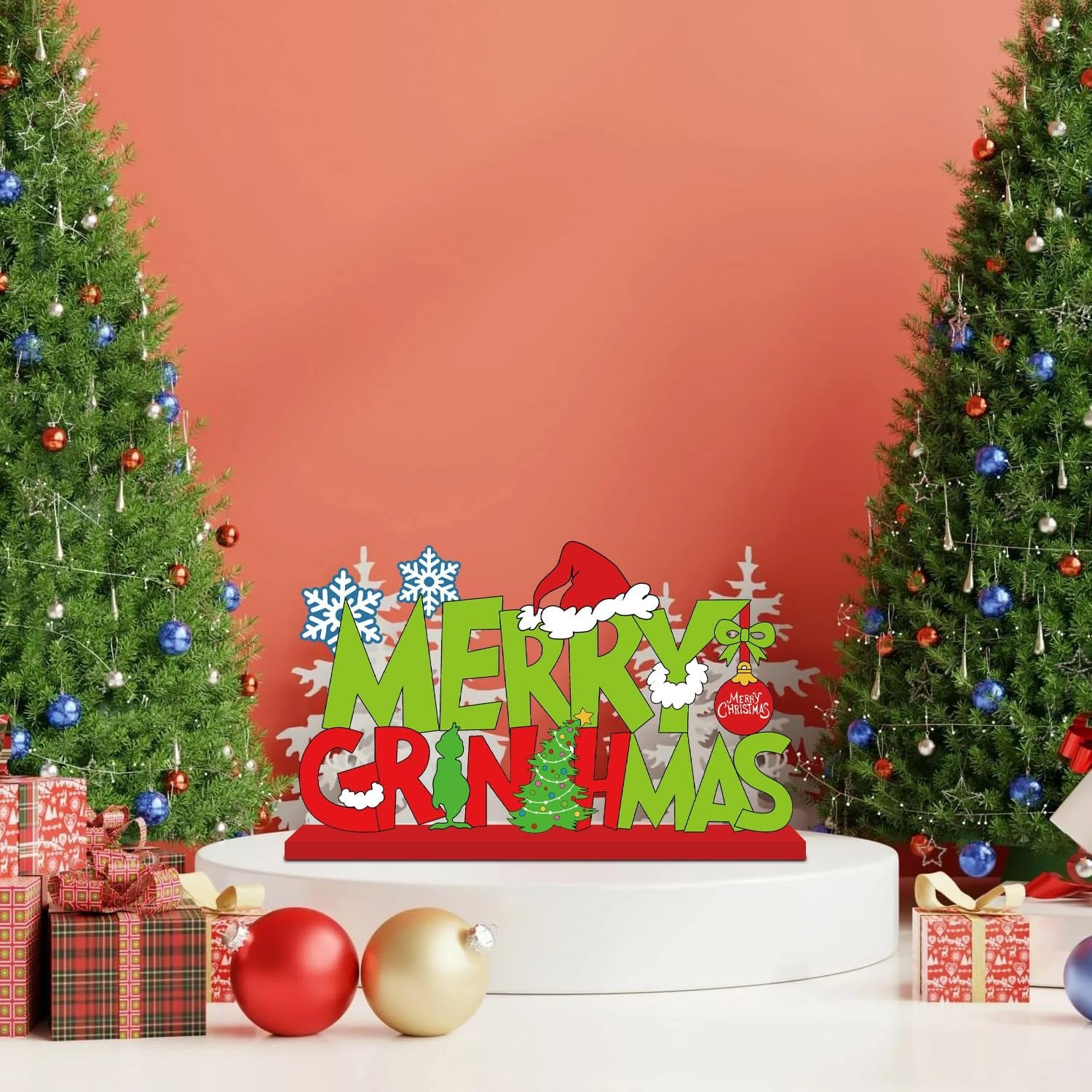 4Pcs Christmas Decorations Wooden Table Centerpiece Merry Christmas Joy Tiered Tray Decor Xmas Centerpiece for Winter Holidays Xmas Table Decorations