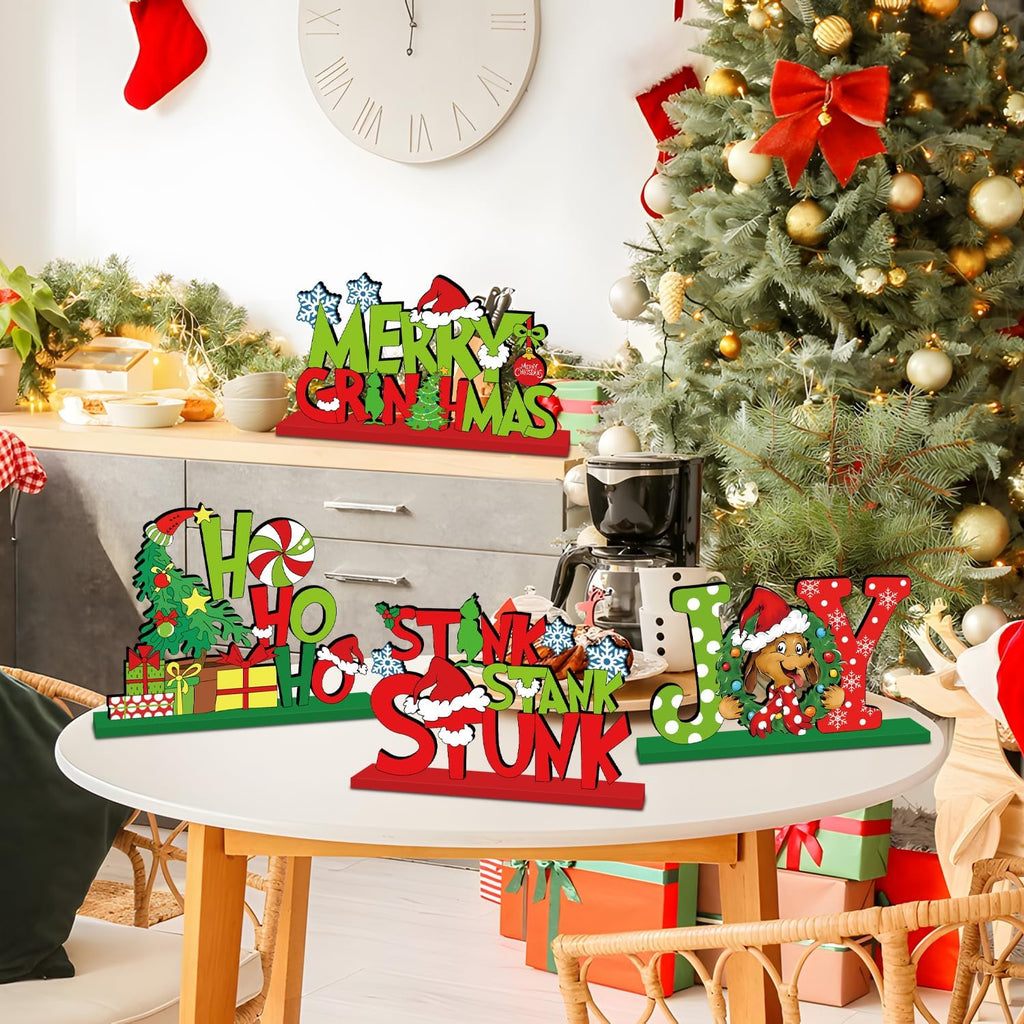 4Pcs Christmas Decorations Wooden Table Centerpiece Merry Christmas Joy Tiered Tray Decor Xmas Centerpiece for Winter Holidays Xmas Table Decorations
