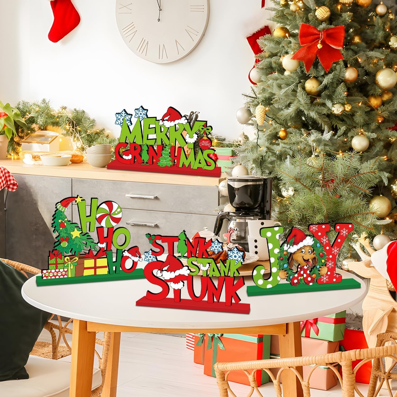 4Pcs Christmas Decorations Wooden Table Centerpiece Merry Christmas Joy Tiered Tray Decor Xmas Centerpiece for Winter Holidays Xmas Table Decorations